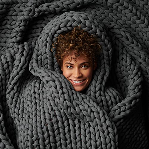Bearaby Cotton Hand-Knit Weighted Blankets for Adults - Chunky Knit Blanket - Sustainable, Breathable, Organic, Cooling Weighted Blanket - Machine Washable (Asteroid Grey, 10 lbs, 40x64)