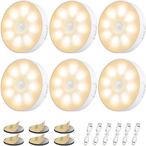 Electight [6 Packs] Luz Nocturna LED Recargable por USB, Sensor de Movimiento para Interiores, 8 LEDs/3 Modos/Adsorción Magnética para Pasillo, Escaleras, Gabinete, Armarios, Amarillo Cálido