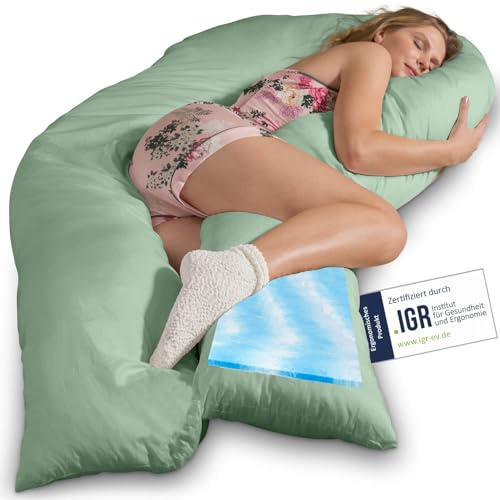 Traumreiter Seitenschläferkissen Visco XXL mit Bezug Baumwolle Tauben Grün, Hybrid Kissen +1cm Memory Foam Schwangerschaftskissen U Gel Body Pillow Komfortkissen Ergonomie Zertifiziert