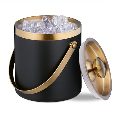 Relaxdays Eiswürfelbehälter, Edelstahl, doppelwandig, Eiseimer mit Deckel & Henkel, 1,5 l, Eiswürfelkübel, schwarz/Gold