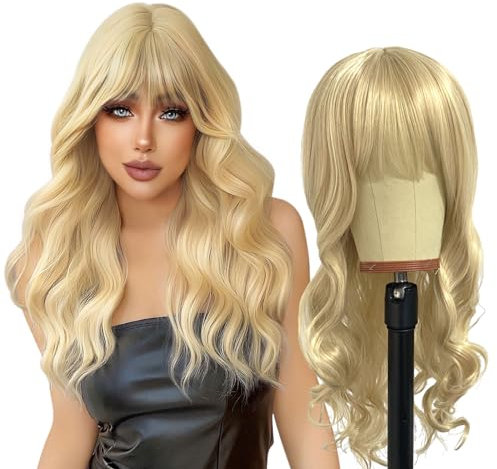 EUPSIIU Lungo Ondulato Parrucche con Frangia Biondo per le Donne 27'' Lungo Ricci Donna Ricci Parrucche Resistente al Calore Cosplay Lunga Capelli Della Signora Di Modo Festa (Biondo)