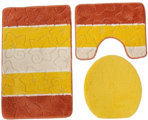Ilkadim Export 3-teiliges Badset Gökyildiz Orion gestreift, Badteppich 50x80cm, WC-Vorleger mit Ausschnitt für Stand-WC (terrakotta Creme gelb)