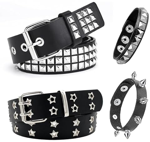 KAZGVN Studded Belt, 4 PCS Y2k Belt and Studded Bracelet, Gothic Jewellery, Y2k Accessories With Adjustable Emo Belts and Bracelet, Mens Ladies Belts for Party Music Festival Goth Punk Rock