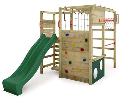 FATMOOSE Lektorn klätterställning ActionArena Air med grön rutschkana, utomhus barn klättertorn med stege, basketkorg och lektillbehör för trädgården