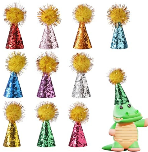 Tinoaly 10pcs Mini Chapeaux de Fête pour Peluches, Chapeau d'Anniversaire pour Chien Chat Petits Chapeaux Coniques avec Paillettes Pompons pour Dinosaures Loisirs Créatifs Décorations de Fête Enfants