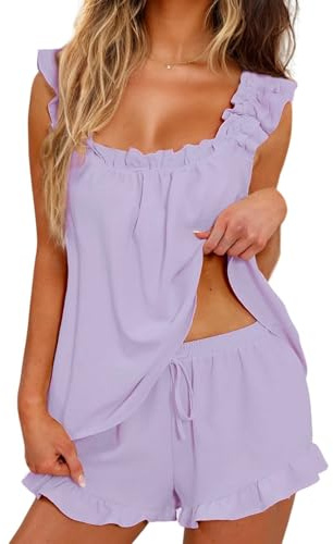 WWAYBEI Women 2 Piece Pajamas Set Ruffle Tank Top and Shorts Pjs Sets Bridal Pajama Sleepwear Summer Lounge Set