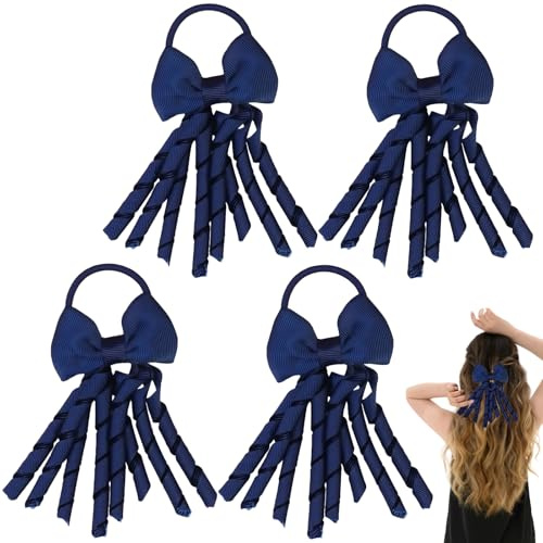 SSKHE 4pcs Navy Hair Accessories School Hair Bow Spiral Hair With Girl Bow Satin Band Kit Bow Spiral Fringe, Support De Queue De Cheval, Accessoires De Cheveux Scolaires