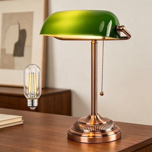 FIRVRE Green Glass Bankers Desk Lamp, Traditional Banker's Lamp, Vintage Desk Lamp with Pull Chain Switch, Retro Table Lamps for Home Office, Library, Piano