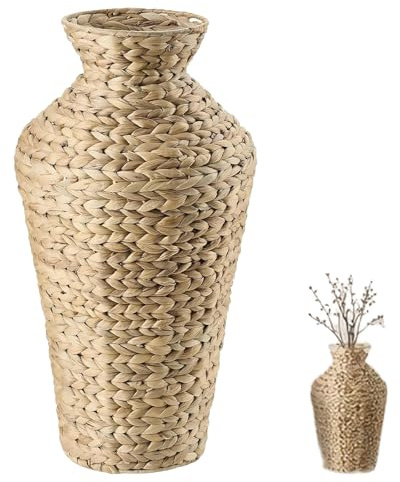 Jarrón de jacinto de agua natural, cesta tejida grande bohemia, 22 pulgadas de alto, flores secas, plantas sintéticas, para sala de estar, entrada, decoración de granja