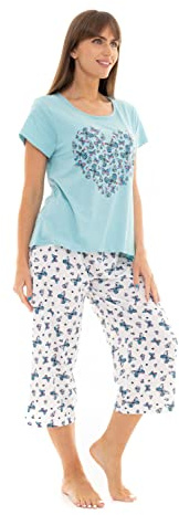 Suzy & Me Womens 100% Cotton Jersey Short Sleeved Cropped Leg Animal, Butterfly, Bear & Heart Design Pyjamas (UK, Numeric, 16, 18, Regular, Regular, DUCK EGG)