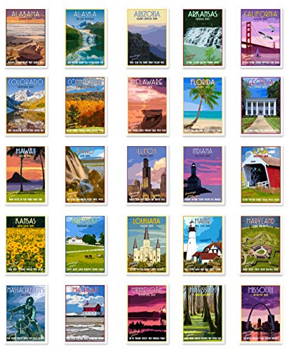US STATE TRAVEL POSTERS Set of 50 postcards. United States vintage style poster post cards variety pack. Made in USA.