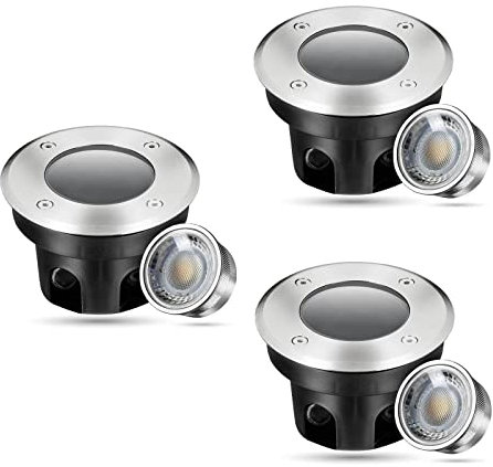 LongLife LED Bodeneinbaustrahler FLACH rund Set 3x Gartenstrahler 230V IP67 5W 3000K DIMMBAR 60° Gartenleuchte für die Bodenmontage Außenbereich Befahrbar Bodenleuchte