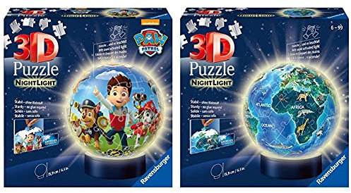 Ravensburger 3D Puzzle 11842 - Nachtlicht Puzzle-Ball Paw Patrol - 72 Teile - ab 6 Jahren & 3D Puzzle 11844 - Nachtlicht Puzzle-Ball Globus - 72 Teile - ab 6 Jahren