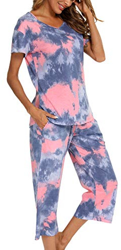 ENJOYNIGHT Womens Cotton Pyjama Sets Short Sleeve Nightwear with Pockets | Soft Cotton Two Piece Pjs Set, V-Neck Design, Cropped Trousers with Adjustable Drawstring