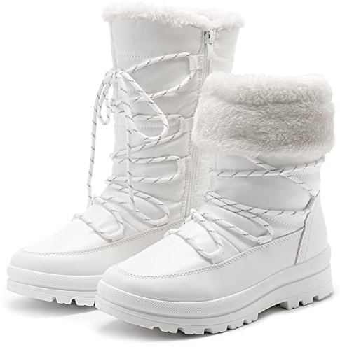 HEAWISH Women’s Winter Snow Boot Fur Lined Mid Calf Warm Boots(White, US10)
