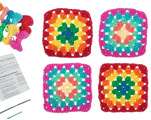 Trimits 'My First' Beginner Knitting Kit - Starter Kit Including Yarn, Hook, Plastic Needle, & Instructions, Beginners Knitting Set Gift - 11 x 11cm, Multicoloured Granny Squares
