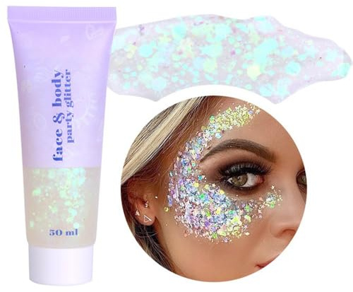 Beliky Girl Body Glitter Gel, 50ml Face Glitters Body Sequins Shimmer Liquid Eyeshadow, Mermaid Sequins Liquid Holographic Glitter Gel, Chunky Glitters for Eye Hair Nail DIY Art (White)