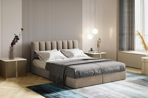 TRADA Boxspringbett 180 x 200 cm mit Bettkasten und Bonellmatratze H3 - City - Modern Bett mit elegant gestepptes Kopfteil und Topper 5cm - Beige