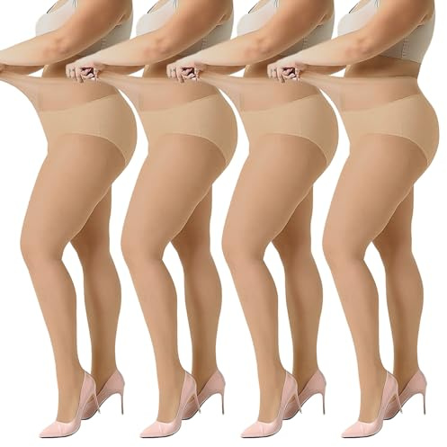Yilanmy Women's Plus Size Tights 20D Sheer Nylon Pantyhose 4 Pairs | Ultra-Soft Thin Tights Curvy Extra Large Pantyhose Natiural, Black