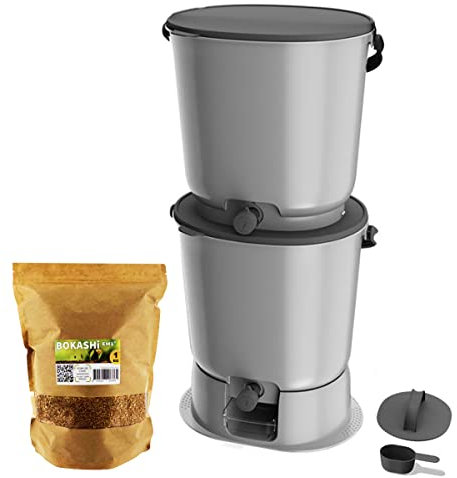 Moutta | Bokashi Organko Essential Gris (15,3L) | Kit 2 seaux à Compost Organique avec compacteur + 1kg d'Activateur EM-1 de Fermentation fabriqué en France