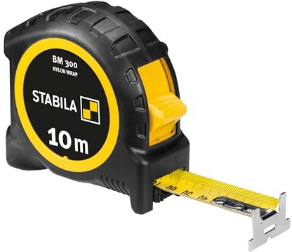 STABILA Taschenbandmaß BM 300, 10 m (33'), Maßband mit doppelseitiger cm/inch-Skala, bruchsicheres PC/ABS-Gehäuse, SPIKES-Haken, Stahlband mit NYLON-WRAP-Ummantelung, Gürtel-Clip, MID-Genauigkeit