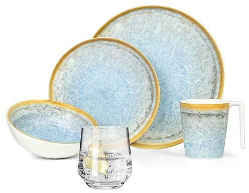 Melamin Camping Geschirr Set 4 Personen Crystal Blue + 4 Milano Gläser Wassergläser Tafelgeschirr Picknick BBQ Kochgeschirr