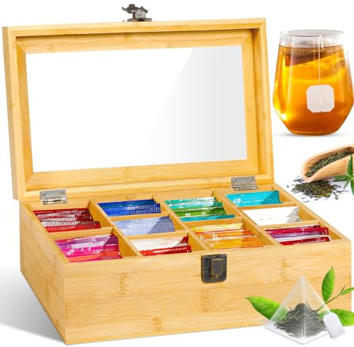 GUHAOOL Caja de Té, Caja para Té e Infusiones, Caja de Madera para Bolsas de Té con 10 Compartimentos, Cajita Infusiones con Ventana, Organizador Bolsas Té para Guardar Bolsitas de té 29.5 x 16 x 9cm