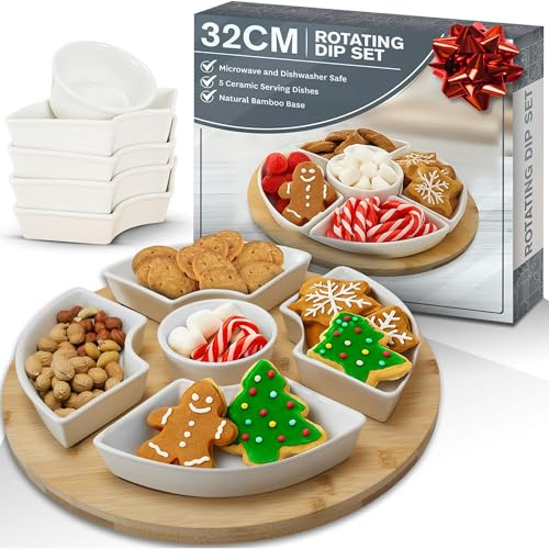 LaDonna Rotating Dip Set with Lazy Susan Turntable Wooden Tray - Ceramic Bowls Set of 5 Serving Platter - Dining Table Centrepiece - Serving Platters for Parties, Dips & Snacks