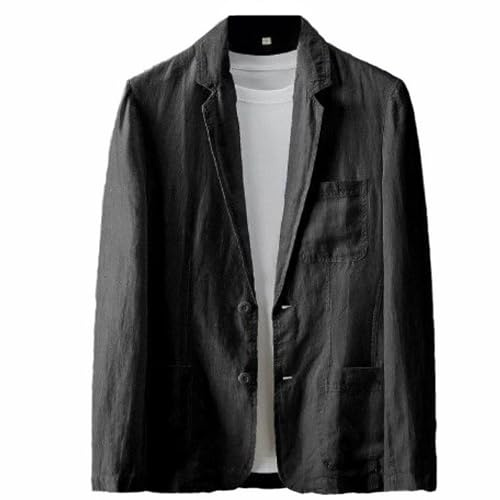 GIBZ Blazers de Lino para Hombre Chaqueta de Traje Sencilla Informal a la Moda Blazer Abrigo Deportivo Transpirable con Bolsillo para Primavera Verano y Otoño Negro L
