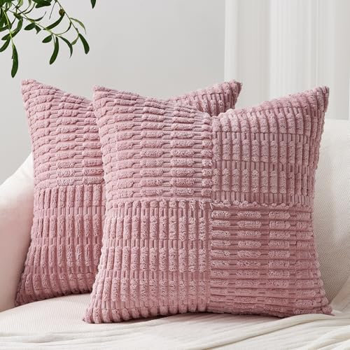 Topfinel 2er Set Kissenbezug 45x45 Rosa Kordsamt Boho Kissenbezüge Sofakissen Zierkissen Zierkissenbezüge Dekokissen Kissenhüllen Patchwork Design Deko für Sofa Schlafzimmer Wohnzimmer
