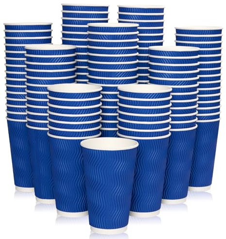JollyPack 120 Pack 16 oz Paper Coffee Cups, Blue Disposable Beverage Cups with Insulated Ripple Wall for Coffee, Tea, and Hot Chocolate