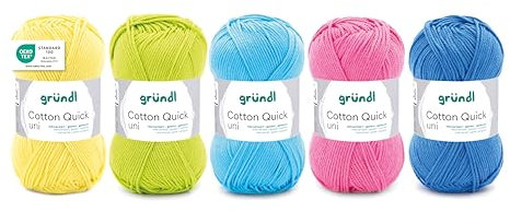 Gründl Wolle Cotton Quick uni - dünne Wolle zum Häkeln - Strickgarn - Häkelgarn - Glänzend und hautfreundlich - 100% Baumwolle - 5 Knäuel 50 g / 125 m - Nadelstärke 3-4 - Sommer-Mix