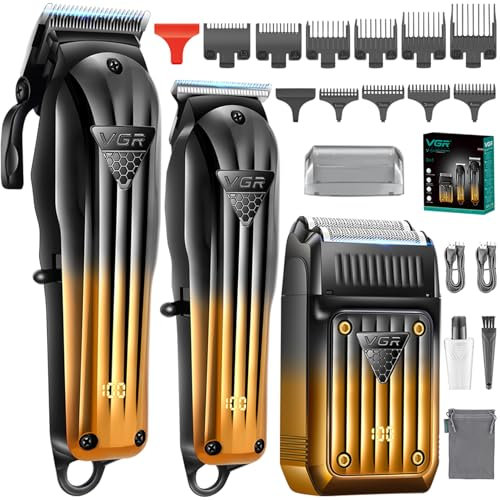 VGR 644 Haarschneider für Männer, Professioneller, Kabelloser Barttrimmer & Elektrischer Rasierer, Wiederaufladbares 3-teiliges Barbier-Haarschnitt-Set mit LED-Display