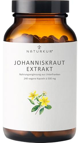 Naturkur® Johanniskraut 500mg 10:1 Extrakt (5000mg reines Johanniskraut) - 240 Kapseln im Apothekerglas - Hypericin & Hyperforin, vegan, ohne Zusatzstoffe, in Handarbeit hergestellt