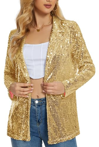 Ypser Blazer de lentejuelas para mujer, frente abierto, brillante, abrigo con purpurina para fiesta de noche, dorado, L-XL