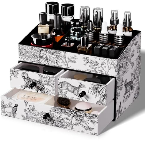 GORESE Organisateur de Maquillage, 2 Étages 3 Tiroirs Organisateur de Coiffeuse en Cuir Boîte de Rangement pour Cosmétiques Organisateur de Bureau pour Chambre, Salle De Bain, Coiffeuse(Noir vintage)