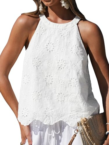CUPSHE Camicetta da Donna con Pizzo, Scollo a Colletto, Senza Maniche, Ricamata con Occhielli, in Cotone, Vestibilità Sciancrata, Camicia Estiva Casual da Spiaggia e Vacanze, bianco, L