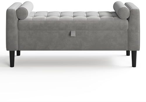 Garvee 118Cm Storage Ottoman Footstool – Upholstered Chest with Rolled Arms & Solid Wood Legs, Space-Saving Shoe Bench Seat for Hall, Bedroom & Walk-in Wardrobe & Living Room Foot of Bed (Grey)
