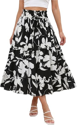 Sahunfri Floral Midi Skirts for Women UK Summer Comfy Tiered Elastic Waist Boho Skirts Ladies Midi Length Swing Skirt