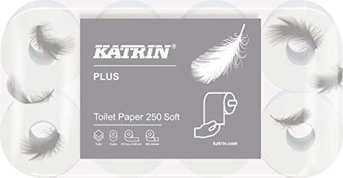 Katrin Toilettenpapier 3 lagig, Klopapier, WC Papier– Katrin Plus Toilet 250 SOFT – 9 x 8 Rollen, sehr weich, weiß