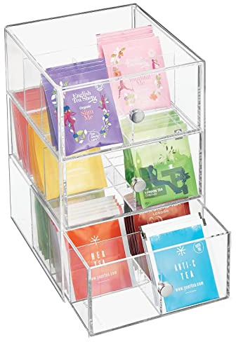 mDesign Organizador de cocina con 3 cajones – Caja de almacenamiento para bolsitas de té, cápsulas de café, edulcorantes y más – Caja de té de plástico transparente