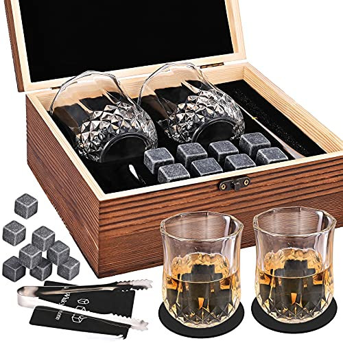GOLDGE 14 Pezzi Whisky Stones Set di Regalo, 8 Cubetti di Ghiaccio Riutilizzabili + 2 Bicchieri da Whiskey + 2 Coaster + Pinza + Sacca, Pietre di Whisky con Cofanetto in Legno per Natale Regalo