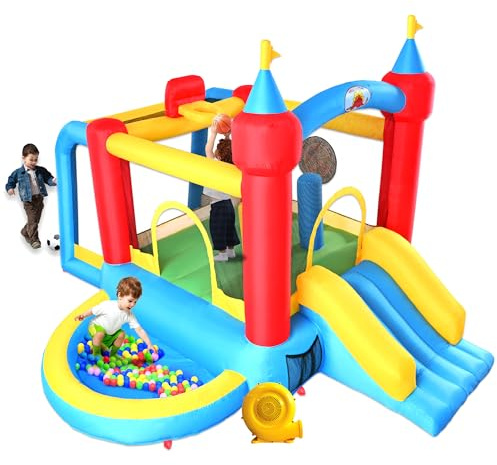 WELLFUNTIME Inflatable Bounce House with Slide, Jumping Castle with Blower and Wave Pool, Basketball Rim, Football Goal