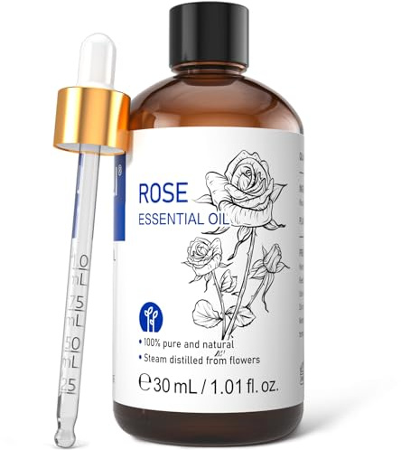 HIQILI Rose Essential Oil 1 Fl Oz, 100% Natural Therapeutic Grade for Aromatherapy, Diffuser, Skin Care, Massage, Includes Premium Quality Glass Dropper