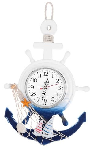 Garneck Orologio da spiaggia nautico orologio da parete in legno ancora nave ruota orologio decorativo orologio da parete costiera spiaggia decorazione per la casa stile mediterraneo ornamento da