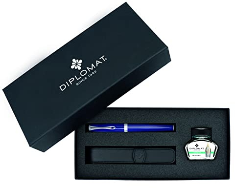 DIPLOMAT - Presentset reservoarpenna Excellence A² skyline – blå – 1 reservoarpenna + 1 bläckhorn + 1 läderfodral – 5 års garanti