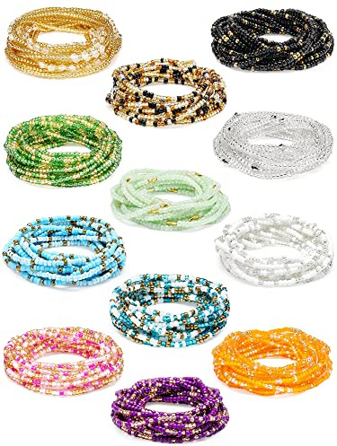 Fumete 12 Pcs Waist Beads Set Handmade African Belly Beads Chain Plus Size Body Jewelry Non Stretching Belly Chain for Women, 50 inch, Glass