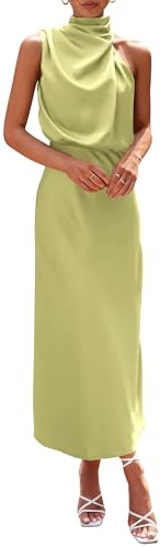PRETTYGARDEN Women's 2025 Summer Satin Dress Elegant Sleeveless Mock Neck Cocktail Party Maxi Dresses (Tender Green,XX-Large)