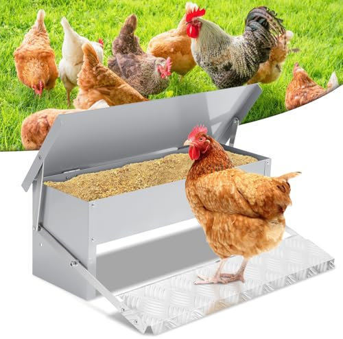Sonnewelt Futterautomat Hühner aus Verzinkter Stahl 5KG Futterspender Hühnerfutterautomat Futtertrog mit Automatisches Pedal und Wasserfest Decke Hühnerfutter für Geflügel