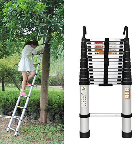 Telescopic Ladder 16.4FT with 2 Hooks, Aluminum Telescoping Ladder, Portable Loft Ladder for Home Outdoors, 330LB Capacity, EN131